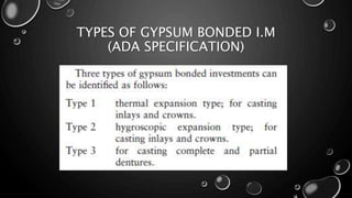 TYPES OF GYPSUM BONDED I.M
(ADA SPECIFICATION)
 