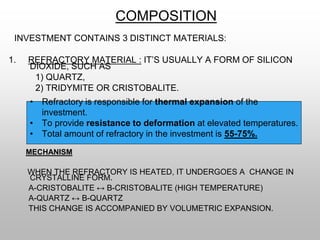 INVESTMENT CONTAINS 3 DISTINCT MATERIALS:
1. REFRACTORY MATERIAL : IT’S USUALLY A FORM OF SILICON
DIOXIDE, SUCH AS
1) QUARTZ,
2) TRIDYMITE OR CRISTOBALITE.
MECHANISM
WHEN THE REFRACTORY IS HEATED, IT UNDERGOES A CHANGE IN
CRYSTALLINE FORM.
Α-CRISTOBALITE ↔ Β-CRISTOBALITE (HIGH TEMPERATURE)
Α-QUARTZ ↔ Β-QUARTZ
THIS CHANGE IS ACCOMPANIED BY VOLUMETRIC EXPANSION.
COMPOSITION
• Refractory is responsible for thermal expansion of the
investment.
• To provide resistance to deformation at elevated temperatures.
• Total amount of refractory in the investment is 55-75%.
 