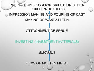 PREPRATION OF CROWN,BRIDGE OR OTHER
FIXED PROSTHESIS
IMPRESSION MAKING AND POURING OF CAST
MAKING OF WAXPATTERN
ATTACHMENT OF SPRUE
INVESTING (INVESTMENT MATERIALS)
BURNOUT
FLOW OF MOLTEN METAL
 