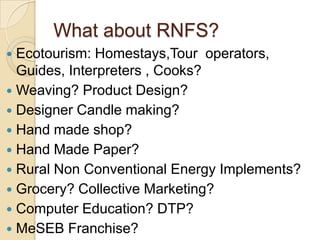 What about RNFS?Ecotourism: Homestays,Tour  operators, Guides, Interpreters , Cooks?Weaving? Product Design?Designer Candle making? Hand made shop?Hand Made Paper?Rural Non Conventional Energy Implements? Grocery? Collective Marketing?Computer Education? DTP?MeSEB Franchise?