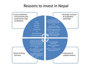 Reasons to invest in Nepal
•Large pool of
capable workers
•Ease of doing
Business
•Strategic Location
& Geographic
advanta...
