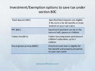 Investment/Exemption options to save tax under
                section 80C

 Fixed deposit (80C)               Specified f...