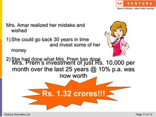 Mrs. Amar realized her mistake and
   wished
 1) She could go back 30 years in time and
    invest some of her money
 2) She had done what Mrs. Prem has done
      Mrs. Prem’s investment of just Rs. 10,000 per
      month over the last 25 years @ 10% p.a. was
                       now worth


                          Rs. 1.32 crores!!!

Ventura Securities Ltd.                               Page 11 of 13
 
