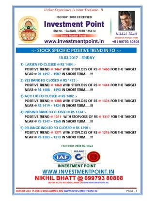 BEFORE ACT PL REFER DISCLAIMER ON WWW.INVESTMENTPOINT.IN PAGE - 4
-:- STOCK SPECIFIC POSITIVE TREND IN FO -:-
10.03.2017 - FRIDAY
1) LARSEN FO CLOSED @ RS 1484 :-
POSITIVE TREND @ 1467 WITH STOPLOSS OF RS @ 1460 FOR THE TARGET
NEAR @ RS 1497 – 1507 IN SHORT TERM…..!!!
2) YES BANK FO CLOSED @ RS 1473 :-
POSITIVE TREND @ 1460 WITH STOPLOSS OF RS @ 1444 FOR THE TARGET
NEAR @ RS 1488 – 1493 IN SHORT TERM…..!!!
3) ACC LTD FO CLOSED @ RS 1402 :-
POSITIVE TREND @ 1388 WITH STOPLOSS OF RS @ 1376 FOR THE TARGET
NEAR @ RS 1419 – 1424 IN SHORT TERM…..!!!
4) INDSIND BANK FO CLOSED @ RS 1334 :-
POSITIVE TREND @ 1311 WITH STOPLOSS OF RS @ 1317 FOR THE TARGET
NEAR @ RS 1347 – 1360 IN SHORT TERM…..!!!
5) RELIANCE IND LTD FO CLOSED @ RS 1290 :-
POSITIVE TREND @ 1271 WITH STOPLOSS OF RS @ 1276 FOR THE TARGET
NEAR @ RS 1303 – 1313 IN SHORT TERM…..!!!
I S O 9001:2008 Certified
INVESTMENT POINT
WWW.INVESTMENTPOINT.IN
NIKHIL BHATT @ 099793 80808
(BEFORE ACT PL REFER DISCLAIMER ON WWW.INVESTMENTPOINT.IN)
 