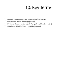 10. Key Terms
• Proposer: Pays premium and gets benefits (Min age: 18)
• Life Assured: Person insured (Age: 5–55)
• Nominee: Gets amount on death (No age limit; Min: 11 months)
• Appointee: Handles money if nominee is a minor
 