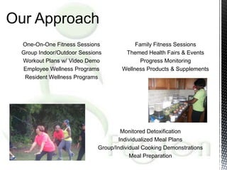 Our Approach
 One-On-One Fitness Sessions             Family Fitness Sessions
 Group Indoor/Outdoor Sessions       Themed Health Fairs & Events
 Workout Plans w/ Video Demo               Progress Monitoring
 Employee Wellness Programs         Wellness Products & Supplements
  Resident Wellness Programs




                                    Monitored Detoxification
                                   Individualized Meal Plans
                            Group/Individual Cooking Demonstrations
                                        Meal Preparation
 