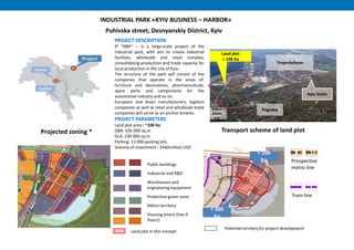 Center
Projected zoning * Transport scheme of land plot
Prospective
metro line
Potential territory for project development
Tram line
≈ 300
hа
≈ 106
ha
Troyeshchyna
Pogreby
Kyiv limits
Power
statio
n 6
Land plot
≈ 106 ha
PROJECT DESCRIPTION
IP "KBH" – is a large-scale project of the
industrial park, with aim to create industrial
facilities, wholesale and retail complex,
consolidating production and trade capacity for
local production in the city of Kyiv.
The structure of the park will consist of the
companies that operate in the areas of:
furniture and decorations, pharmaceuticals,
spare parts and components for the
automotive industry and so on.
European and Asian manufacturers, logistics
companies as well as retail and wholesale trade
companies will serve as an anchor tenants.
PROJECT PARAMETERS
Land plot area:: ~106 ha
GBA: 326 000 sq.m
GLA: 230 000 sq.m
Parking: 13 000 parking lots
Volume of investment : $440million USD
Public buildings
Industrial and R&D
Warehouses and
engineering equipment
Protection green zone
Metro territory
Housing (more than 9
floors)
Land plot in this concept
INDUSTRIAL PARK «KYIV BUSINESS – HARBOR»
Puhivska street, Desnyanskiy District, Kyiv"
 