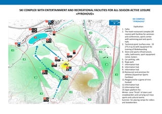 SKI COMPLEX WITH ENTERTAINMENT AND RECREATIONAL FACILITIES FOR ALL-SEASON ACTIVE LEISURE
«PYROHOVO»
SKI COMPLEX
"PYROHOVO“
Explication:
1. Cafes
2. The hotel-restaurant complex (30
rooms) with facilities for seminars
and conferences, sports center
with swimming pool and sports
halls
3. Technical pond (surface area - 33
275.0 sq.m) with equipment for
training of Wakeboarding
4. Store and sports infrastructure,
cafes, bathrooms, sport equipment
rental, lockers
5. Car parking, cafe
6. Rope park
7. Information hub
8. Information hub
9. Information hub
10.Restaurant and premises for
athletes (Equestrian Sports
Facilities)
11.Playground for a game of mini
football
12.Information hub
13.Information hub
14.Open platform for:
Winter- zone “finish“ of skiers and
snowboarders and carrying out mass
sports and cultural events
Summer- for placing ramps for rollers
and skateborders
 