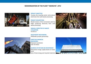 PROJECT OBJECTIVE:
To grow the recycling sector and produce
electricity from solid waste processing.
PROJECT DESCRIPTION:
Modernization of the incineration plant to
begin producing electricity from solid
waste processing
ANNUAL CAPACITIES OF WASTE
UTILIZATION
450 000 ton
INVESTMENT MECHANISM:
PPP(Public-private partnership
EXPECTED FINANCIAL
INDICATORS:
Potential investment:
USD 70 million
SOURCES OF RETURN ON INVESTMENT :
Alternative energy supply based on Green
Tariff
Sale of heat energy and recycled materials
MODERNIZATION OF THE PLANT "ENERGIYA", KYIV
 