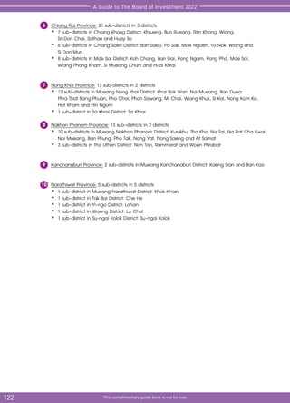 122 This complimentary guide book is not for sale
A Guide to The Board of Investment 2022
	 	Chiang Rai Province: 21 sub-districts in 3 districts
		
•	7 sub-districts in Chiang Khong District: Khrueng, Bun Rueang, Rim Khong, Wiang,
			 Sri Don Chai, Sathan and Huay So
		
•	6 sub-districts in Chiang Saen District: Ban Saeo, Pa Sak, Mae Ngoen, Yo Nok, Wiang and
			 Si Don Mun
		
•	8 sub-districts in Mae Sai District: Koh Chang, Ban Dai, Pong Ngam, Pong Pha, Mae Sai,
			 Wiang Phang Kham, Si Mueang Chum and Huai Khrai
	 	Nong Khai Province: 13 sub-districts in 2 districts
		
•	12 sub-districts in Mueang Nong Khai District: Khai Bok Wan, Nai Mueang, Ban Duea,
			 Phra That Bang Phuan, Pho Chai, Phon Sawang, Mi Chai, Wiang Khuk, Si Kai, Nong Kom Ko,
			 Hat Kham and Hin Ngom
		
•	1 sub-district in Sa Khrai District: Sa Khrai
	 	Nakhon Phanom Province: 13 sub-districts in 2 districts
		
•	10 sub-districts in Mueang Nakhon Phanom District: Kurukhu, Tha Kho, Na Sai, Na Rat Cha Kwai, 	
			 Nai Mueang, Ban Phung, Pho Tak, Nong Yat, Nong Saeng and At Samat
		
•	3 sub-districts in Tha Uthen District: Non Tan, Rammarat and Woen Phrabat
	 	Kanchanaburi Province: 2 sub-districts in Mueang Kanchanaburi District: Kaeng Sian and Ban Kao
	 	Narathiwat Province: 5 sub-districts in 5 districts
		
•	1 sub-district in Mueang Narathiwat District: Khok Khian
		
•	1 sub-district in Tak Bai District: Che He
		
•	1 sub-district in Yi-ngo District: Lahan
		
•	1 sub-district in Waeng District: Lo Chut
		
•	1 sub-district in Su-ngai Kolok District: Su-ngai Kolok
 