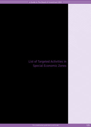 125
This complimentary guide book is not for sale
A Guide to The Board of Investment 2022
List of Targeted Activities in
Special Economic Zones
 