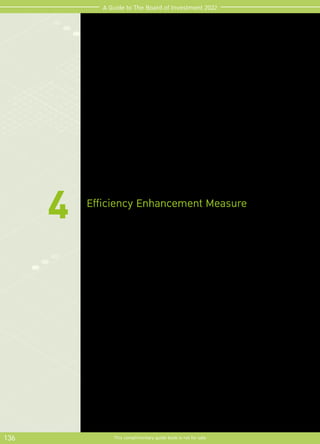 136 This complimentary guide book is not for sale
A Guide to The Board of Investment 2022
Efficiency Enhancement Measure
4 Thisisaimedtopromotethemachineryupgradingorreplacingforenergyconservation,
alternative energy utilization, environmental impact mitigation, research and
development, engineering design, and adoption of digital technology for efficiency
enhancement.
 