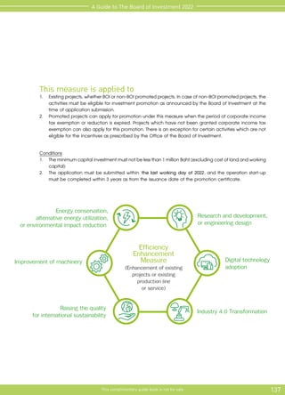 137
This complimentary guide book is not for sale
A Guide to The Board of Investment 2022
This measure is applied to
1.	 Existingprojects,whetherBOIornon-BOIpromotedprojects.Incaseofnon-BOIpromotedprojects,the
activities must be eligible for investment promotion as announced by the Board of Investment at the
time of application submission.
2.	 Promoted projects can apply for promotion under this measure when the period of corporate income
tax exemption or reduction is expired. Projects which have not been granted corporate income tax
exemption can also apply for this promotion. There is an exception for certain activities which are not
eligible for the incentives as prescribed by the Office of the Board of Investment.
Conditions
1.	 Theminimumcapitalinvestmentmustnotbelessthan1millionBaht(excludingcostoflandandworking
capital)
2.	 The application must be submitted within the last working day of 2022, and the operation start-up
must be completed within 3 years as from the issuance date of the promotion certificate.
Energy conservation,
alternative energy utilization,
or environmental impact reduction
Efficiency
Enhancement
Measure
(Enhancement of existing
projects or existing
production line
or service)
Improvement of machinery
Research and development,
or engineering design
Industry 4.0 Transformation
Raising the quality
for international sustainability
Digital technology
adoption
 