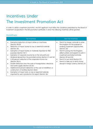 7
This complimentary guide book is not for sale
A Guide to The Board of Investment 2022
Incentives Under
The Investment Promotion Act
In order to obtain investment promotion, the BOI applicant must follow the conditions prescribed by the Board of
Investment as specified in the BOI promotion certificate in which the following incentives will be granted:
Incentives
Tax Incentives Non-Tax Incentives
•	 Exemption/reduction of import duties on machinery
(Section 28/29)
•	 Reduction of import duties for raw or essential materials
(Section 30)
•	 Exemption of import duties on materials imported for R&D
purposes (Section 30/1)
•	 Exemption of corporate income tax on the net profit and
dividends derived from the promoted activity (Section 31 and 34)
•	 A 50 percent reduction of the corporate income tax
(Section 35(1))
•	 Double deduction from the costs of transportation, electricity
and water supply (Section 35 (2))
•	 Additional 25 percent deduction of the cost of installation or
construction of facilities (Section 35(3))
•	 Exemption of import duty on raw or essential materials
imported for use in production for export (Section 36)
•	 Permit for foreign nationals to enter
the Kingdom for the purpose of
studying investment opportunities.
(Section 24)
•	 Permit to bring into the Kingdom
skilled workers and experts to work in
investment promoted activities
(Section 25 and 26)
•	 Permit to own land (Section 27)
•	 Permit to take out or remit money
abroad in foreign currency (Section 37)
 