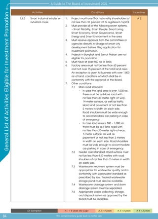 84
A Guide to The Board of Investment 2022
This complimentary guide book is not for sale
General
List
of
Activities
Eligible
for
Investment
Promotion
CIT Exemption A 1 = 8 years (No Cap) A 2 = 8 years A 3 = 5 years A 4 = 3 years
Activities Conditions Incentives
7.9.3	 Smart industrial estates or
industrial zones
1.	 Project must have Thai nationality shareholders of
not less than 51 percent of its registered capital.
2.	 Must provide all of the following seven systems.
- Smart Mobility, Smart People, Smart Living,
Smart Economy, Smart Governance, Smart
Energy and Smart Environment in the area
3.	 Must receive approval from the committees or
agencies directly in-charge of smart city
development before filing application for
investment promotion.
4.	 Projects in Bangkok and Samut Prakan are not
eligible for promotion.
5.	 Must have at least 500 rai of land.
6.	 Factory area must not be less than 60 percent
and not over 75 percent of the total land area.
An exception is given to business with over 1,000
rai of land, conditions of which shall be in
conformity with the approval of the Board.
7.	 Other conditions:
	 7.1	 Main road standard:
		 -	 In case the land area is over 1,000 rai, 	
			 there must be a 4-lane road with 	
			 not less than 30-meter right-of-way, 	
			 14-meter surface, as well as traffic 	
			 island and pavement of not less than 	
			 2 meters in width on each side. 	
			 Road shoulders must be wide enough 	
			 to accommodate car parking in case 	
			 of emergency.
		 -	 In case land area is 500 - 1,000 rai, 	
			 there must be a 2-lane road with 	
			 not less than 20-meter right-of-way, 	
			 7-meter surface, as well as 		
			 pavement of not less than 2 meters 	
			 in width on each side. Road shoulders 	
			 mustbewideenoughtoaccommodate
			 car parking in case of emergency.
	 7.2	 Feeder road standard: Road surface must 	
		 not be less than 8.50 meters with road 	
		 shoulders of not less than 2 meters in width	
		 on each side.
	 7.3	 Wastewater treatment system must be 	
		 appropriate for wastewater quality and in 	
		 conformity with wastewater standard as 	
		 prescribed by law. Treated wastewater 	
		 storage pond must also be available.
	 7.4	 Wastewater drainage system and storm 	
		 drainage system must be separated.
	 7.5	 Appropriate waste collecting, storage, 	
		 and disposal system as approved by the 	
		 Board must be available.
A 2
 