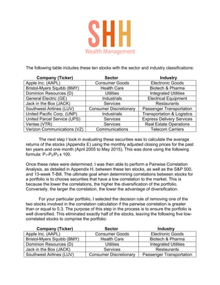 The following table includes these ten stocks with the sector and industry classifications:
Company (Ticker) Sector Industry
Apple Inc. (AAPL) Consumer Goods Electronic Goods
Bristol-Myers Squibb (BMY) Health Care Biotech & Pharma
Dominion Resources (D) Utilities Integrated Utilities
General Electric (GE) Industrials Electrical Equipment
Jack in the Box (JACK) Services Restaurants
Southwest Airlines (LUV) Consumer Discretionary Passenger Transportation
United Pacific Corp. (UNP) Industrials Transportation & Logistics
United Parcel Service (UPS) Services Express Delivery Services
Ventas (VTR) Services Real Estate Operations
Verizon Communications (VZ) Communications Telecom Carriers
The next step I took in evaluating these securities was to calculate the average
returns of the stocks (Appendix E) using the monthly adjusted closing prices for the past
ten years and one month (April 2005 to May 2015). This was done using the following
formula: P1-P0/P0 x 100.
Once these rates were determined, I was then able to perform a Pairwise Correlation
Analysis, as detailed in Appendix H, between these ten stocks, as well as the S&P 500,
and 13-week T-Bill. The ultimate goal when determining correlations between stocks for
a portfolio is to choose securities that have a low correlation to the market. This is
because the lower the correlations, the higher the diversification of the portfolio.
Conversely, the larger the correlation, the lower the advantage of diversification.
For your particular portfolio, I selected the decision rule of removing one of the
two stocks involved in the correlation calculation if the pairwise correlation is greater
than or equal to 0.3. The purpose of this step in the process is to ensure the portfolio is
well diversified. This eliminated exactly half of the stocks, leaving the following five low-
correlated stocks to comprise the portfolio:
Company (Ticker) Sector Industry
Apple Inc. (AAPL) Consumer Goods Electronic Goods
Bristol-Myers Squibb (BMY) Health Care Biotech & Pharma
Dominion Resources (D) Utilities Integrated Utilities
Jack in the Box (JACK) Services Restaurants
Southwest Airlines (LUV) Consumer Discretionary Passenger Transportation
Wealth Management
 