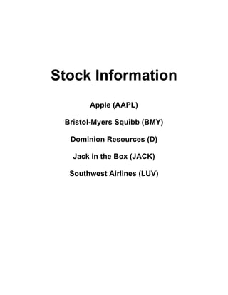Stock Information
Apple (AAPL)
Bristol-Myers Squibb (BMY)
Dominion Resources (D)
Jack in the Box (JACK)
Southwest Airlines (LUV)
 