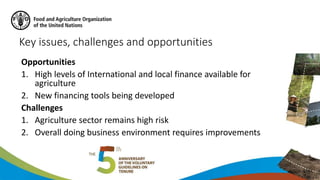 Key issues, challenges and opportunities
Opportunities
1. High levels of International and local finance available for
agr...