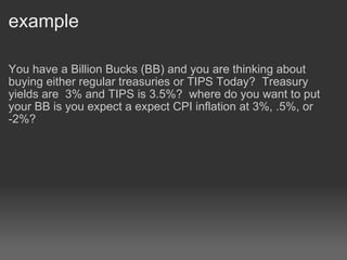 example You have a Billion Bucks (BB) and you are thinking about buying either regular treasuries or TIPS Today?  Treasury yields are  3% and TIPS is 3.5%?  where do you want to put your BB is you expect a expect CPI inflation at 3%, .5%, or -2%? 