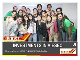 INVESTMENTS IN AIESEC
Alejandra Soche – MC VP FL&M AIESEC in Colombia
 
