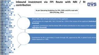 Inbound investment via FPI Route with NRI / RI
contribution
As per Operating Guidelines for FPIs, DDPs and EFIs read with
...