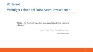 #1 Talent
Wichtiger Faktor bei Frühphasen-Investitionen
13
What are the five most important factors you look at while screening
a Startup?
Team, Team, Team, Product and Team.
Jon Bradford, Techstars
 