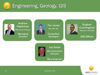 Engineering, Geology, GIS

Andrew
Haythorpe
BSc (Hons) Geology

Managing
Director

Tim Jones
MSc SSE AIG

Masters in GIS, BSc

Consultant
Geologist

Ian Smith
Non Executive
Director
Mine Engineer

18

Eoghan
Cunningham

September 5, 2013

GIS Officer

 