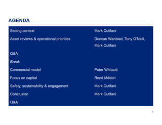 AGENDA
Setting context

Mark Cutifani

Asset reviews & operational priorities

Duncan Wanblad, Tony O’Neill,
Mark Cutifani

Q&A
Break
Commercial model

Peter Whitcutt

Focus on capital

René Médori

Safety, sustainability & engagement

Mark Cutifani

Conclusion

Mark Cutifani

Q&A
4

 