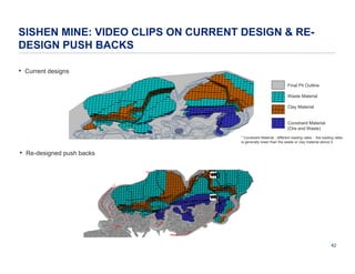 SISHEN MINE: VIDEO CLIPS ON CURRENT DESIGN & REDESIGN PUSH BACKS
• Current designs
Final Pit Outline
Waste Material
Clay Material
Constraint Material
(Ore and Waste)
* Constraint Material : different loading rates - the loading rates
is generally lower than the waste or clay material above it

• Re-designed push backs

42

 