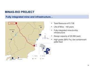 MINAS-RIO PROJECT
Fully integrated mine and infrastructure…
• Total Resource of 5.7 Bt

Minas-Rio
Linhares

• Life of Mine: ~60 years
• Fully integrated mine-to-ship

Belo Horizonte

Samarco

infrastructure

N

• Design capacity of 26.5Mt (wet)

Vitória
0

CSN

50

100km

• High grade (68% Fe), low contaminant
pellet feed

Port
of
Açu

Pipelines

Port of Itaguaí

Rio de Janeiro

Railroads

Ports

Mines

45

 