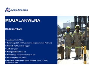 MOGALAKWENA
MARK CUTIFANI

•
•
•
•
•
•
•
•

Location: South Africa
Ownership: 80% (100% owned by Anglo American Platinum)
Product: PGMs, nickel, copper
LoM: 60+ years
Mining method: Open pit
Processing: Two concentrators on site
Reserves (4E): ~89.1 Moz
Indicative Nickel and Copper content: Nickel ~1.7 Mt;
Copper ~0.9 Mt

 