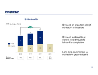 DIVIDEND
Dividend profile
DPS (cents per share)

• Dividend an important part of
our return to investors

+31%
85
74
65

• Dividend sustainable at
current level through to
Minas-Rio completion

53
46
40

Final
Interim
25

28

32

32

2010
Dividend
Payout Ratio

2011

2012

2013

16%

15%

38%

• Long term commitment to
maintain or grow dividend

33%
(H1)

86

 