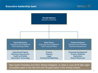 Executive leadership team
Randall Oliphant
Executive Chairman
David Schummer
Executive Vice President &
Chief Operating Officer
Brian Penny
Executive Vice President &
Chief Financial Officer
Hannes Portmann
Executive Vice President,
Business Development
Operations/Projects
Business Improvement
Health and Safety
Information Technology
Finance
Treasury
Legal
Concentrate Marketing
Corporate Development
Investor Relations
Exploration
Human Resources
New Gold’s President and CEO, Robert Gallagher, to retire in June 2016 after eight
successful years in the role and over 35 great years in the mining industry
16
 