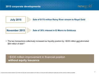 2015 corporate developments
1. Assumes receipt of second instalment of $75 million from Royal Gold. Second instalment of $75 million is to be paid when 60% of development capital spent and other customary conditions are satisfied.
~$330 million improvement in financial position
without equity issuance
• The two transactions collectively increased our liquidity position by ~$235 million and eliminated
$94 million of debt(1)
Sale of $175 million Rainy River stream to Royal Gold
Sale of 30% interest in El Morro to Goldcorp
July 2015
November 2015
24
 