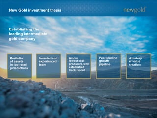 New Gold investment thesis
Establishing the
leading intermediate
gold company
Invested and
experienced
team
Portfolio
of assets
in top-rated
jurisdictions
Peer-leading
growth
pipeline
A history
of value
creation
Among
lowest-cost
producers with
established
track record
82
 