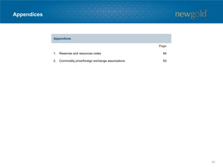 Appendices
Appendices
Page
1. Reserves and resources notes 84
2. Commodity price/foreign exchange assumptions 93
83
 