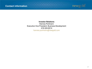 Contact information
Investor Relations
Hannes Portmann
Executive Vice President, Business Development
416-324-6014
hannes.portmann@newgold.com
97
 