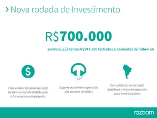 Nova rodada de Investimento
R$700.000
Time comercial para aquisição
de mais canais de distribuição
e fornecedores de passeios
Suporte ao cliente e operação
dos pacotes vendidos
Consolidação no mercado
brasileiro e início da expansão
para América Latina
sendo que já temos R$347.500 fechados e assinados de follow on
 