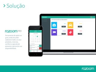 Solução
Ferramenta de apoio ao
guia, onde ele pode
cadastrar todos os seus
produtos, reservas,
verificar a agenda de
passeios e gerenciar sua
disponibilidade.
PRO
 