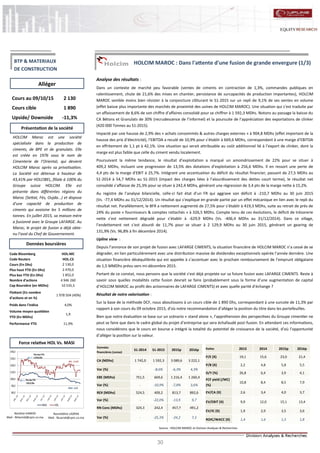 30
HOLCIM MAROC : Dans l'attente d'une fusion de grande envergure (1/3)
Analyse des résultats :
Dans un contexte de marché peu favorable (ventes de ciments en contraction de 1,3%, commandes publiques en
ralentissement, chute de 21,6% des mises en chantier, persistance de surcapacités de production importantes), HOLCIM
MAROC semble moins bien résister à la conjoncture clôturant le S1-2015 sur un repli de 9,1% de ses ventes en volume
(effet baisse plus importante des marchés de proximité des usines de HOLCIM MAROC). Une situation qui s’est traduite par
un affaissement de 8,6% de son chiffre d’affaires consolidé pour se chiffrer à 1 592,3 MDhs. Notons au passage la baisse du
CA Bétons et Granulats de 30% (recrudescence de l’informel) et la poursuite de l’appréciation des exportations de clinker
(420 000 Tonnes au S1-2015).
Impacté par une hausse de 2,9% des « achats consommés & autres charges externes » à 904,8 MDhs (effet important de la
hausse des prix d’électricité), l’EBITDA a reculé de 10,9% pour s’établir à 669,6 MDhs, correspondant à une marge d’EBITDA
en effritement de 1,1 pt à 42,1%. Une situation qui serait attribuable au coût additionnel lié à l’export de clinker, dont la
marge est plus faible que celle du ciment vendu localement.
Poursuivant la même tendance, le résultat d’exploitation a marqué un amoindrissement de 22% pour se situer à
409,2 MDhs, incluant une progression de 13,5% des dotations d’exploitation à 256,6 MDhs. Il en ressort une perte de
4,4 pts de la marge d’EBIT à 25,7%. Intégrant une accentuation du déficit du résultat financier, passant de 27,5 MDhs au
S1-2014 à 54,7 MDhs au S1-2015 (impact des charges liées à l’alourdissement des dettes court terme), le résultat net
consolidé s’affaisse de 25,3% pour se situer à 242,4 MDhs, générant une régression de 3,4 pts de la marge nette à 15,2%.
Au registre de l’analyse bilancielle, celle-ci fait état d’un FR qui aggrave son déficit à -210,7 MDhs au 30 juin 2015
(Vs. -77,4 MDhs au 31/12/2014). Un résultat qui s’explique en grande partie par un effet mécanique en lien avec le repli du
résultat net. Parallèlement, le BFR a nettement augmenté de 27,5% pour s’établir à 419,3 MDhs, suite au retrait de près de
24% du poste « fournisseurs & comptes rattachés » à 326,5 MDhs. Compte tenu de ces évolutions, le déficit de trésorerie
nette s’est nettement dégradé pour s’établir à -629,9 MDhs (Vs. -406,4 MDhs au 31/12/2014). Dans ce sillage,
l’endettement net s’est alourdi de 11,7% pour se situer à 2 129,9 MDhs au 30 juin 2015, générant un gearing de
131,9% (Vs. 96,8% à fin décembre 2014).
Upline view :
Depuis l’annonce de son projet de fusion avec LAFARGE CIMENTS, la situation financière de HOLCIM MAROC n’a cessé de se
dégrader, en lien particulièrement avec une distribution massive de dividendes exceptionnels opérée l’année dernière. Une
situation financière déséquilibrée qui est appelée à s’accentuer avec le prochain remboursement de l’emprunt obligataire
de 1,5 MMDhs prévu vers mi-décembre 2015.
Partant de ce constat, nous pensons que la société s’est déjà projetée sur sa future fusion avec LAFARGE CIMENTS. Reste à
savoir sous quelles modalités cette fusion devrait se faire (probablement sous la forme d’une augmentation de capital
d’HOLCIM MAROC au profit des actionnaires de LAFARGE CIMENTS) et avec quelle parité d’échange ?
Résultat de notre valorisation :
Sur la base de la méthode DCF, nous aboutissons à un cours cible de 1 890 Dhs, correspondant à une surcote de 11,3% par
rapport à son cours du 09 octobre 2015, d’où notre recommandation d’alléger la position du titre dans les portefeuilles.
Bien que notre évaluation se base sur un scénario « stand alone », l’appréhension des perspectives du Groupe cimentier ne
peut se faire que dans le cadre global du projet d’entreprise qui sera échafaudé post-fusion. En attendant ces informations,
nous considérons que le cours en bourse a intégré la totalité du potentiel de croissance de la société, d’où l’opportunité
d’alléger la position sur la valeur.
Nordine HAMIDI
Mail : NHamidi@cpm.co.ma
Nasreddine LAZRAK
Mail : NLazrak@cpm.co.ma
Cours au 09/10/15 2 130
Cours cible 1 890
Upside/ Downside -11,3%
Code Bloomberg HOL:MC
Code Reuters HOL.CS
Cours (En Dhs) 2 130,0
Plus haut YTD (En Dhs) 2 470,0
Plus bas YTD (En Dhs) 1 852,0
Nombre d'actions 4 946 260
Cap Boursière (en MDhs) 10 535,5
Flottant (En nombre
d'actions et en %)
1 978 504 (40%)
Poids dans l'indice 4,0%
Volume moyen quotidien
YTD (En MDhs)
1,9
Performance YTD 11,9%
Alléger
Source : HOLCIM MAROC et Division Analyses & Recherches
Données boursières
Force relative HOL Vs. MASI
Présentation de la société
BTP & MATERIAUX
DE CONSTRUCTION
HOLCIM Maroc est une société
spécialisée dans la production de
ciments, de BPE et de granulats. Elle
est créée en 1976 sous le nom de
Cimenterie de l’Oriental, qui devient
HOLCIM Maroc après sa privatisation.
La Société est détenue à hauteur de
43,41% par HOLCIBEL, filiale à 100% du
Groupe suisse HOLCIM. Elle est
présente dans différentes régions du
Maroc (Settat, Fès, Oujda...) et dispose
d'une capacité de production de
ciments qui avoisine les 5 millions de
tonnes. En juillet 2015, sa maison mère
a fusionné avec le Groupe LAFARGE. Au
Maroc, le projet de fusion a déjà obte-
nu l’aval du Chef de Gouvernement.
Ratios 2013 2014 2015p 2016p
P/E (X) 19,1 15,6 23,0 21,4
P/B (X) 2,2 4,8 5,8 5,5
D/Y (%) 26,8 6,4 3,9 4,1
FCF yield (/MC)
(%)
10,8 8,4 8,5 7,9
EV/CA (X) 2,6 3,4 4,0 3,7
EV/EBIT (X) 9,9 12,0 15,1 13,4
EV/IC (X) 1,9 2,9 3,5 3,6
ROIC/WACC (X) 1,4 1,6 1,5 1,8
Données
financières (conso)
S1-2014 S1-2015 2015p 2016p
CA (MDhs) 1 742,0 1 592,3 3 089,6 3 222,1
Var (%) - -8,6% -6,3% 4,3%
EBE (MDhs) 751,5 669,6 1 216,4 1 260,4
Var (%) - -10,9% -7,8% 3,6%
REX (MDhs) 524,5 409,2 813,7 892,6
Var (%) - -22,0% -13,9 9,7
RN Cons (MDhs) 324,3 242,4 457,7 491,2
Var (%) - -25,3% -24,2 7,3
80,0
90,0
100,0
110,0
120,0
130,0
140,0
MASI HOL
HOL : +11,9%
MASI: -6,2%
Plus haut YTD :
2 470,0 Dhs
Plus bas YTD:
1 852,0 Dhs
 
