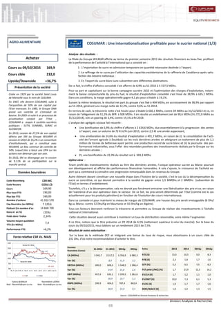 68
COSUMAR : Une internationalisation profitable pour le sucrier national (1/3)
Nasreddine LAZRAK
Mail : NLarak@cpm.co.ma
Cours au 09/10/2015 169,9
Cours cible 232,0
Upside/Downside +36,7%
Code Bloomberg CSR:MC
Code Reuters COSU.CS
Cours 169,90
Plus haut YTD 190,00
Plus bas YTD 160,00
Nombre d'actions 41 910 570
Cap Boursière (en MDhs) 7 120,6
Flottant (En nombre d'ac-
tions et en %)
14 668 700
(35%)
Poids dans l'indice 2,34%
Volume moyen quotidien
YTD (En MDhs)
7,4
Performance YTD +6,2%
Acheter
Source : COSUMAR et Division Analyses & recherches
Données boursières
Force relative CSR Vs. MASI
Présentation de la société
AGRO-ALIMENTAIRE
Fatima BENMLIH
Mail : fbenmlih@cpm.co.ma
Analyse des résultats :
La filiale du Groupe WILMAR affiche au terme du premier semestre 2015 des résultats financiers au beau fixe, profitant
de la performance de l’activité à l’international qui a consisté en :
1- L’importation de sucre en admission temporaire en quantité nécessaire destinée à l’export;
2 -Le raffinage de ce sucre par l’utilisation des capacités excédentaires de la raffinerie de Casablanca après satis-
faction des besoins nationaux ;
3- Et, l’export du sucre blanc sans subvention vers différentes destinations.
De ce fait, le chiffre d’affaires consolidé s’est affermi de 8,9% au S1-2015 à 3 317,5 MDhs.
Pour sa part et capitalisant sur la bonne campagne sucrière 2015 et l’optimisation des charges d’exploitation, notam-
ment la baisse conjoncturelle du prix du fuel, le résultat d’exploitation consolidé s’est hissé de 38,9% à 635,1 MDhs.
Dans ces conditions, la marge opérationnelle gagne 4,1 pts pour s’établir à 19,1%.
Suivant la même tendance, le résultat net part du groupe s’est fixé à 404 MDhs, en accroissement de 38,9% par rapport
au S1-2014, générant une marge nette de 12,2%, contre 9,6% au S1-2014.
En termes de cash, la trésorerie nette s’est hissée pour s’établir à 666,1 MDhs, contre 34 MDhs au 31/12/2014 et ce, en
raison de l’allègement de 51,2% du BFR à 508 MDhs. Il en résulte un endettement net de 90,6 MDhs (Vs.722,8 Mdhs au
31/12/2014), soit un gearing de 2,4%, contre 19,1% à fin 2014.
L’analyse des agrégats sociaux fait ressortir :
 Une bonification de 6,9% du chiffre d’affaires à 2 634,6 MDhs, due essentiellement à la progression des ventes
à l’export, avec un volume de 72 Kt à fin juin 2015, contre 2,5 Kt une année auparavant;
 Une amélioration de 24,6% du résultat d’exploitation à 491,7 MDhs, en raison de (i) la consolidation de l’acti-
vité de l’amont agricole à Doukkala sur les trois dernières années en atteignant un traitement de plus de 1,1
million de tonnes de betterave ayant permis une production record de sucre blanc et (ii) la poursuite des per-
formances industrielles, sous l’effet des retombées positives des investissements réalisés par le Groupe sur les
dernières années ;
 Et, une bonification de 22,3% du résultat net à 369,3 MDhs
Upline view :
Tirant profit des investissements réalisés au titre des dernières années, l’unique opérateur sucrier au Maroc poursuit
son développement et affiche des performances financières honorables. A cela s’ajoute, la croissance de l’activité ex-
port qui a commencé à connaître une progression remarquable dans les revenus du Groupe.
Autre élément devant constituer une nouvelle étape dans l’histoire de la société, c’est le cas où la décompensation du
sucre se concrétise, ce qui devrait permettre à la société de gagner entre 1,5 MMDhs et 2 MMDhs (subvention de
l’Etat) en termes d’endettement.
Toutefois, s’il y a la décompensation, cela ne devrait pas forcément entrainer une libéralisation des prix et ce, en raison
de l’existence d’un seul opérateur dans le secteur. De ce fait, les prix seront déterminés par l’Etat (comme est le cas
actuellement pour les produits pétroliers) en fonction de l’évolution des cours internationaux.
Dans ce contexte et pour maintenir le niveau de marges de COSUMAR, une hausse des prix serait envisageable (6 Dhs/
Kg au Maroc, contre 12 Dhs/Kg en Maurtanie et 10 Dhs/Kg en Algérie).
Tous ces facteurs devraient renforcer la trésorerie et permettre au Groupe de réaliser des investissements à l’échelle
national et international.
Cette situation devrait aussi contribuer à maintenir un taux de distribution raisonnable, voire même l’augmenter.
A ce titre, notons que le titre présente un DY 2014 de 6,5% (nettement supérieur à celui du marché). Sur la base du
cours du 09/10/2015, nous tablons sur un rendement 2015 de 7,5%.
Résultat de notre valorisation :
Sur la base de la méthode DCF et intégrant une baisse du taux de risque, nous aboutissons à un cours cible de
232 Dhs, d’où notre recommandation d’acheter le titre.
Données
financières (Conso)
S1-2014 S1-2015 2015p 2016p
CA (MDhs) 3 045,7 3 317,5 6 766,9 6 980,3
Var (%) - 8,9 11,9 3,2
EBITDA (MDhs) 690,9 828,3 1 548,5 1 588,4
Var (%) - 19,9 15,8 2,6
EBIT (MDhs) 457,4 635,1 1 199,5 1 262,6
Var (%) - 38,9 19,7 5,3
RNPG (MDhs) 290.9 404,0 787,4 862,4
Var (%) - 38,9 23,0 9,5
Ratios 2013 2014 2015p 2016p
P/E (X) 13,0 10,5 9,0 8,3
P/B (X) 2,3 1,8 1,7 1,6
D/Y (%) 5,2 6,5 7,5 8,2
FCF yield (/MC) (%) 1,7 23,9 12,3 16,2
EV/CA (X) 1,7 1,2 1,1 1,0
EV/EBIT (X) 10,0 7,3 6,1 5,3
EV/IC (X) 1,9 1,7 1,7 1,6
ROIC/WACC (X) 1,0 1,0 1,3 1,5
80,0
90,0
100,0
110,0
120,0
130,0
déc.-14 janv.-15 févr.-15 mars-15 avr.-15 mai-15 juin-15 juil.-15 août-15 sept.-15
CSR MASI
CSR : +6,2%
MASI : -6,2%
Plus haut YTD: 190 Dhs
Plus bas YTD : 160 Dhs
Créée en 1929 par la société Saint Louis
de Marseille sous le nom de COSUMA.
En 1967, elle devient COSUMAR, suite à
l’acquisition de 50% de son capital par
l’Etat marocain. En 1985, le Groupe ONA
prend son contrôle et s’introduit en
bourse. En 2005 et suite à un processus de
privatisation conduit par l’Etat ,
COSUMAR a acquis 4 sociétés sucrières
publiques : SUTA, SUNABEL, SURAC et
SUCRAFOR.
En 2013, cession de 27,5% de son capital
détenu par SNI au Groupe WILMAR et
cession en 2014 de 15,2% à un consortium
d’institutionnels, qui a constitué avec
WILMAR, un bloc commun de contrôle de
54%. Lequel bloc a lancé une OPA sur les
actions non détenues par son soin.
En 2015, SNI se désengage par la cession
de 9,11% de sa participation sur le
marché central.
 