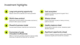Large and growing opportunity
Investment highlights
Massive market with accelerated ecommerce penetration
World-class product
Multichannel commerce platform that enables merchants of
all sizes to sell to anyone, anywhere
Powerful business model
Success-based business model that puts merchants ﬁrst
Economies of scale
innovation & eﬃciencies
Millions of merchants generating transaction volumes enables
economies of scale that we share with our merchants
Vast ecosystem
Engaged and expanding partner ecosystem that is
diﬃcult to replicate
Mission driven
Product-driven team focused on making commerce
better for everyone
Healthy balance sheet
Strong balance sheet with a proven, disciplined capital
allocation approach
Signiﬁcant opportunity ahead
Focus on investing in long-term growth while maintaining
operational discipline and merchant-ﬁrst orientation
 