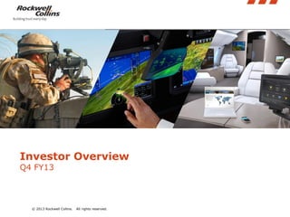 Insert pictures into these angled boxes. Height should be 3.44 inches.

Investor Overview
Q4 FY13

© 2013 Rockwell Collins.

All rights reserved.

 