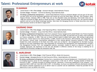 Talent: Professional Entrepreneurs at work
GAURANG SHAH
 Joined Kotak in 1996; First charge | Chief Operating Officer, Kotak Mahindra Primus;
 Current charge | President - Group Chief Risk Officer, Kotak Mahindra Bank
 On being a professional entrepreneur Came from corporate finance background & joined Kotak’s Car Finance business
in 1996. In 1999, Took over as Executive Director of Car Finance & by 2002, we had built one of India’s most profitable
car finance companies. In 2002, Took over as head of Retail Assets & added Home Loans, SME lending & agricultural
finance incl. tractor loans to our retail portfolio. In 2004, moved to Life Insurance. 2010 onwards, was responsible for
life insurance, mutual funds, international subsidiaries & then started general insurance business in 2015. Having
headed the credit committee of the Bank since 2016, took over as Head of risk management for the Bank & group,
perhaps at the most challenging times. Also responsible for overseeing the development and implementation of bank’s
risk management function, incl. risk management policies, processes, models & reports as required, to support its
strategic objectives. My experience of the last two decades in different entities of the Group is enabling me to
understand & efficiently manage the enterprise wide risk.
32
G. MURLIDHAR
 Joined Kotak in 2001; First charge | Chief Financial Officer, Kotak Life Insurance;
 Current charge | Managing Director & Chief Executive Officer, Kotak Mahindra Life Insurance
 On being a professional entrepreneur Coming from a manufacturing & financial background, I transitioned to the new
& emerging insurance sector for the challenges it would entail, in the role of CFO & founding member of Kotak Life
Insurance in 2001. I initially focussed on building financial, operations & servicing capabilities of the company. I was
appointed COO in 2007 and then MD & CEO in 2011. In this phase, my focus is to build an efficient distribution network
and improve customer experience so as to deliver value to customer and all stakeholders. Kotak has provided me the
opportunity to put my beliefs into action.
D.KANNAN
 Joined Kotak in 1991; First charge | Assistant Manager, Kotak Mahindra Finance
 Current charge | President - Commercial Banking, Kotak Mahindra Bank
 On being a professional entrepreneur | Joined Kotak Mahindra Finance as Assistant Manger and was part of the start
up team which set up the Karnataka operations and moved up to be the State Head. Was Asst. Vice President, Asset
Finance Division, between 1995 to 1998. Took over as Vice President Sales and Marketing, Ford Credit India Ltd, in
1998 and continued till 2000. Moved to Kotak Securities, in 2000, launched Kotak Securities.com, the internet broking
platform and set up the Retail brokerage business. Have been the Managing Director of Kotak Securities since April
2010 and have moved to the Bank in August 2014
 
