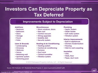 Investors Can Depreciate Property as
                  Tax Deferred
                                    Improvements Subject to Depreciation




         Source: IRS Publication 527: Residential Rental Property, 5. (www.irs.gov/pub/irs-pdf/p527.pdf0

Copyright © 2011 Distressed Property Institute, LLC
Copyright © 2011 Distressed Property Institute, LLC
 