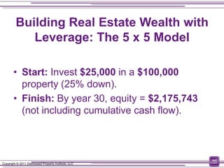 Building Real Estate Wealth with
            Leverage: The 5 x 5 Model

        • Start: Invest $25,000 in a $100,000
          property (25% down).
        • Finish: By year 30, equity = $2,175,743
          (not including cumulative cash flow).




Copyright © 2011 Distressed Property Institute, LLC
 