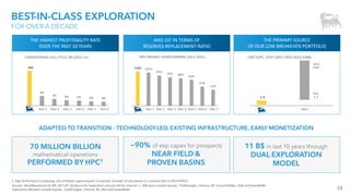 13
BEST-IN-CLASS EXPLORATION
FOR OVER A DECADE
Sources: WoodMackenzie for IRR, 20-F SEC disclosure for Exploration cost and IHS for reserves | RRR peers include Equinor, TotalEnergies, Chevron, BP, ConocoPhillips, Shell and ExxonMobil
Exploration IRR peers include Equinor, TotalEnergies, Chevron, BP, Shell and ExxonMobil.
THE PRIMARY SOURCE
OF OUR LOW BREAKEVEN PORTFOLIO
THE HIGHEST PROFITABILITY RATE
OVER THE PAST 10 YEARS
AND 1ST IN TERMS OF
RESERVES-REPLACEMENT-RATIO
70 MILLION BILLION
mathematical operations
PERFORMED BY HPC1
1. High Performance Computing, one of fastest supercomputer in industry (number of calculations in 1 second refer to HPC4+HPC5)
1.4 1.7
14.5
UNIT EXPL. COST (2017-2021 AVG) $/BBL
110% 107%
97%
91% 88%
83%
61%
51%
RRR ORGANIC HYDROCARBONS (2012-2021)
34%
9%
7% 5% 5% 4% 4%
CONVENTIONAL FULL-CYCLE IRR (2012-21)
Peer 1 Peer 2 Peer 3 Peer 4 Peer 5 Peer 6 Peer 1 Peer 2 Peer 3 Peer 4 Peer 5 Peer 6 Peer 7 Peers
ADAPTED TO TRANSITION - TECHNOLOGY-LED, EXISTING INFRASTRUCTURE, EARLY MONETIZATION
min
max
~90% of exp capex for prospects
NEAR FIELD &
PROVEN BASINS
11 B$ in last 10 years through
DUAL EXPLORATION
MODEL
 