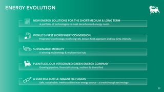 22
ENERGY EVOLUTION
A STAR IN A BOTTLE: MAGNETIC FUSION
Safe, sustainable, inexhaustible clean energy source - a breakthrough technology
NEW ENERGY SOLUTIONS FOR THE SHORT-MEDIUM & LONG TERM
A portfolio of technologies to meet decarbonized energy needs
SUSTAINABLE MOBILITY
A winning multienergy & multiservice hub
PLENITUDE, OUR INTEGRATED GREEN ENERGY COMPANY
Growing pipeline, financially strong, resilient & diversified
WORLD’S FIRST BIOREFINERY CONVERSION
Proprietary technology (EcofiningTM), brown-field approach and low GHG intensity
22
 