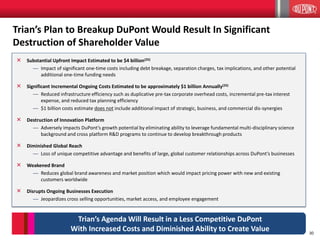 30
Trian’s Agenda Will Result in a Less Competitive DuPont
With Increased Costs and Diminished Ability to Create Value
Trian’s Plan to Breakup DuPont Would Result In Significant
Destruction of Shareholder Value
× Substantial Upfront Impact Estimated to be $4 billion(25)
— Impact of significant one-time costs including debt breakage, separation charges, tax implications, and other potential
additional one-time funding needs
× Significant Incremental Ongoing Costs Estimated to be approximately $1 billion Annually(25)
— Reduced infrastructure efficiency such as duplicative pre-tax corporate overhead costs, incremental pre-tax interest
expense, and reduced tax planning efficiency
— $1 billion costs estimate does not include additional impact of strategic, business, and commercial dis-synergies
× Destruction of Innovation Platform
— Adversely impacts DuPont’s growth potential by eliminating ability to leverage fundamental multi-disciplinary science
background and cross platform R&D programs to continue to develop breakthrough products
× Diminished Global Reach
— Loss of unique competitive advantage and benefits of large, global customer relationships across DuPont’s businesses
× Weakened Brand
— Reduces global brand awareness and market position which would impact pricing power with new and existing
customers worldwide
× Disrupts Ongoing Businesses Execution
— Jeopardizes cross selling opportunities, market access, and employee engagement
 