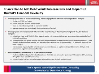 31
× Trian’s proposal relies on financial engineering, introducing significant risk while decreasing DuPont’s ability to:
— Fund growth R&D and capex
— Pursue important strategic opportunities
— React to and withstand periods of economic volatility
— Manage seasonal and regional cash flow requirements effectively
× Trian’s proposal demonstrates a lack of fundamental understanding of the unique financing needs of a global science
company
— In its White Paper on 2/17/2015, Trian suggests adding 1.5x incremental leverage, which essentially doubles DuPont’s
existing financial debt
— Trian’s proposal also ignores pension and other obligations which must be included within credit ratings metrics – if we
added 1.5x of incremental leverage, our Net Debt / EBITDA would rise to approximately 3.5x, adversely impacting our
credit ratings(26)
— Excessive debt impairs liquidity which threatens consistent access to capital markets and diminishes ability to fund
seasonal and regional businesses efficiently
 Our Strong Balance Sheet enables us to execute on our strategy
— Prudent and efficient capital structure has allowed DuPont to pay consecutive quarterly dividends since 1904, including
through the most recent financial crisis
— Excellent capital markets access has supported short-term and strategic business needs
Trian’s Plan to Add Debt Would Increase Risk and Jeopardize
DuPont’s Financial Flexibility
Trian’s Agenda Would Significantly Limit Our Ability
To Continue to Execute Our Strategy
 